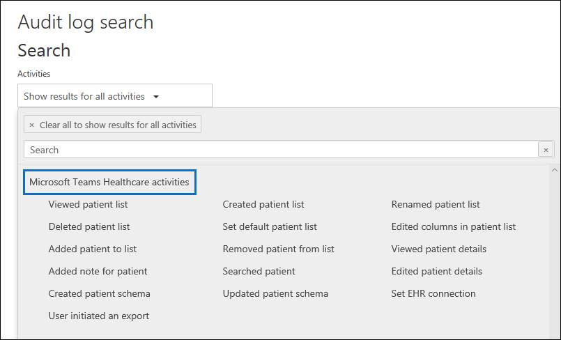 Actividades de Microsoft Teams para Atención sanitaria en la lista del selector Actividades.