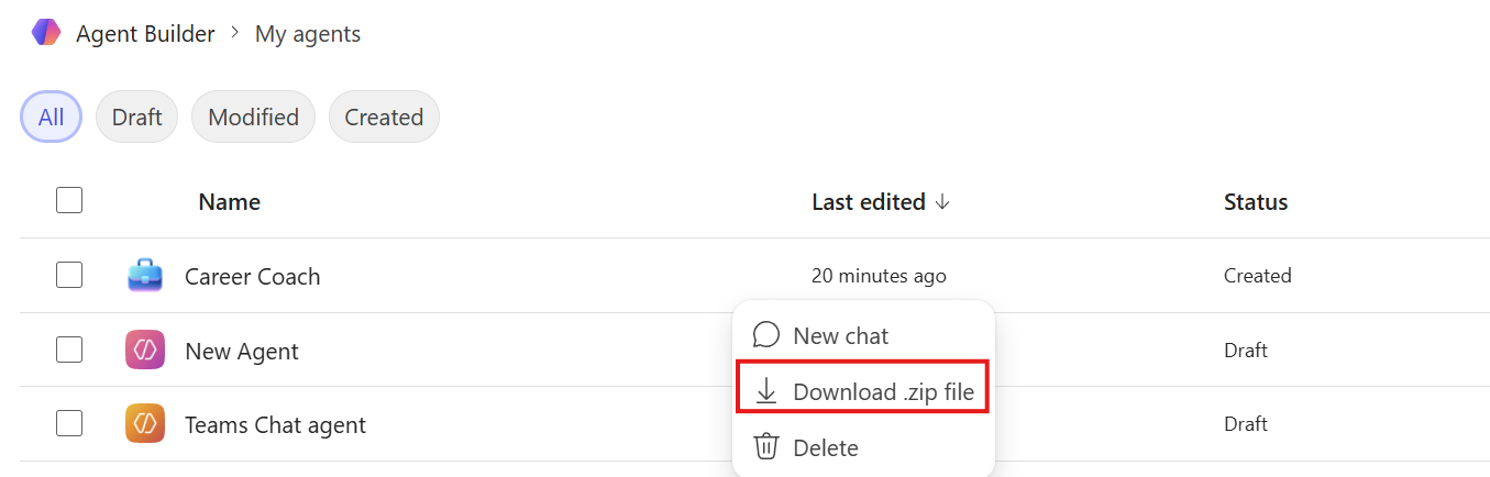 Captura de pantalla de la opción *Descargar archivo .zip*