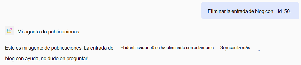 Captura de pantalla de una respuesta de un agente declarativo basada en operaciones DELETE