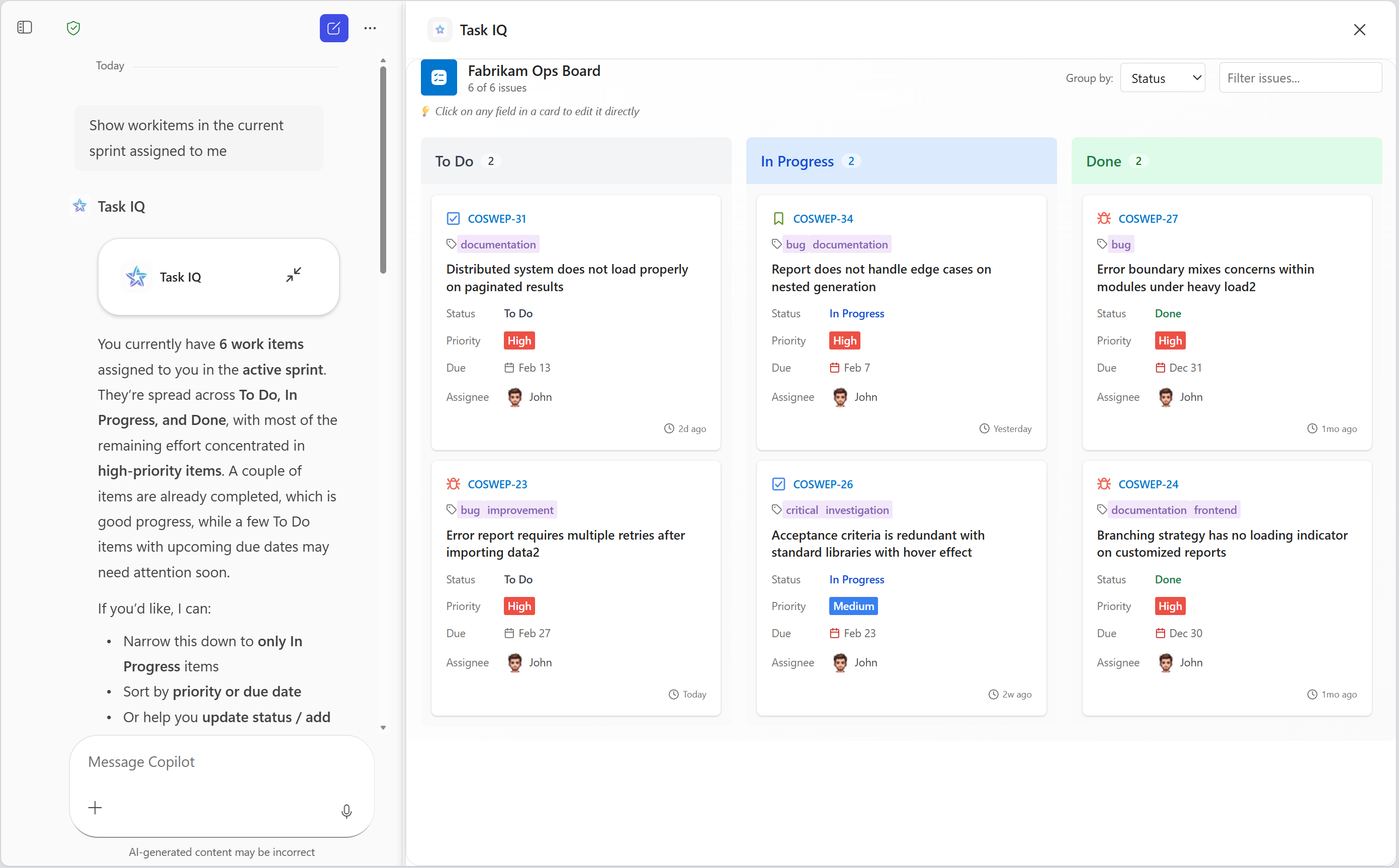 Captura de pantalla de una aplicación MCP que representa un widget de tareas sprint en modo de pantalla completa en Microsoft 365 Copilot
