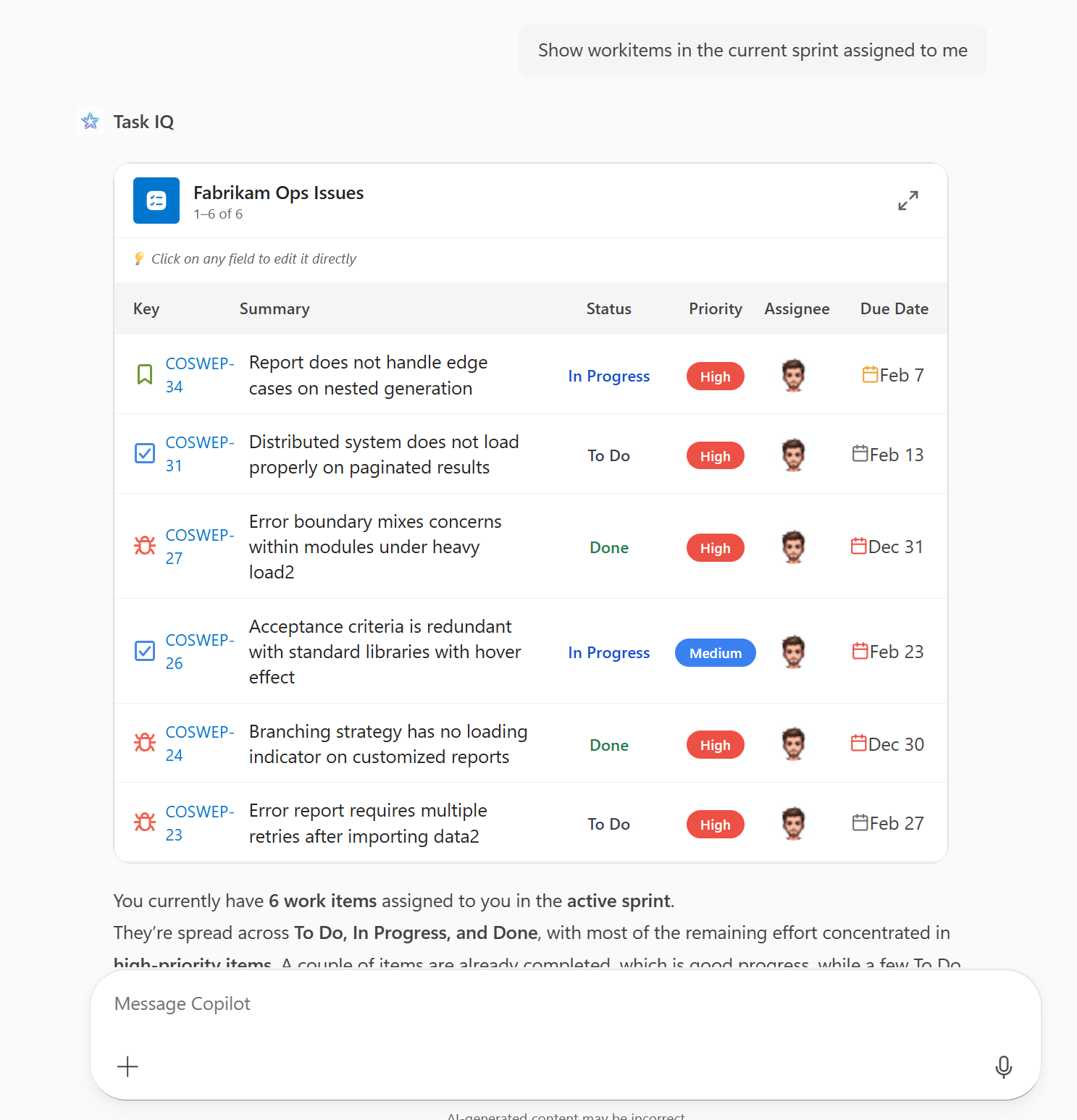 Captura de pantalla de una aplicación MCP que representa un widget de tareas sprint en línea en Microsoft 365 Copilot
