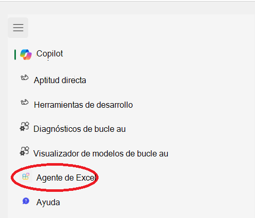 Captura de pantalla de la lista de agentes en el panel Copilot de una aplicación de Office