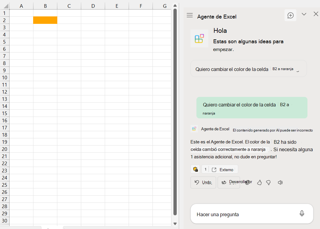 Captura de pantalla de un libro de Excel con la celda B2 color naranja. A la derecha, el agente de Excel en el panel Copilot dice 
