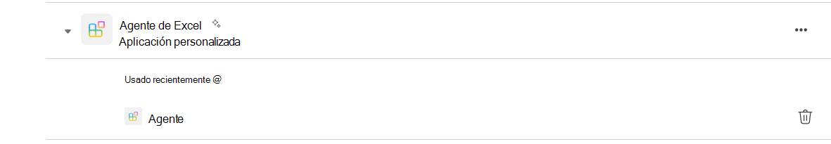 Captura de pantalla de la fila de la aplicación Agente de Excel en la página Aplicaciones de Teams. Hay un icono de papelera en el extremo derecho de la fila.