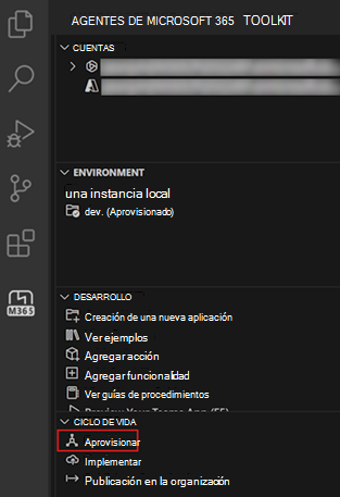Captura de pantalla de la opción Aprovisionar en el panel Ciclo de vida del kit de herramientas de agentes