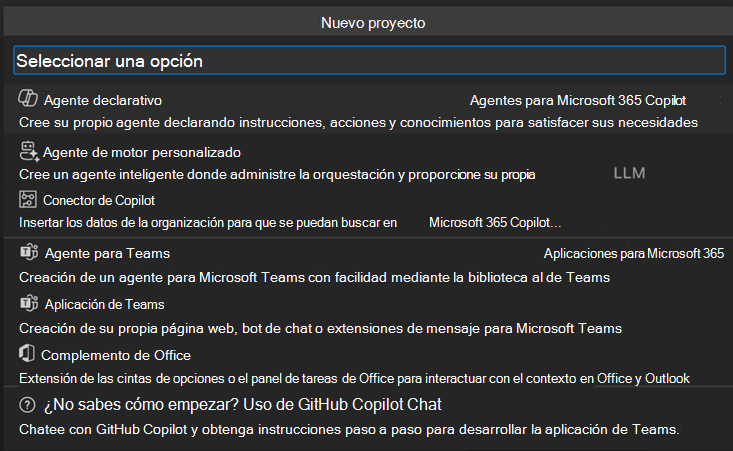 Captura de pantalla de las opciones de Nuevo proyecto con el Agente declarativo en la parte superior.