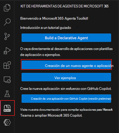 Captura de pantalla del botón Crear una nueva aplicación en la barra lateral de Microsoft 365 Agents Toolkit
