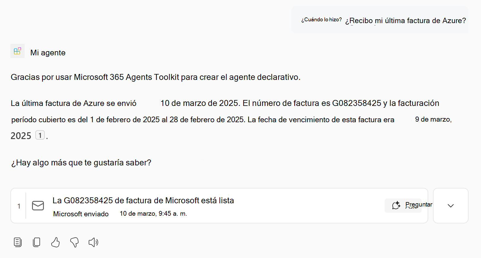 Captura de pantalla que muestra una respuesta del agente declarativo que contiene conocimientos de correo electrónico