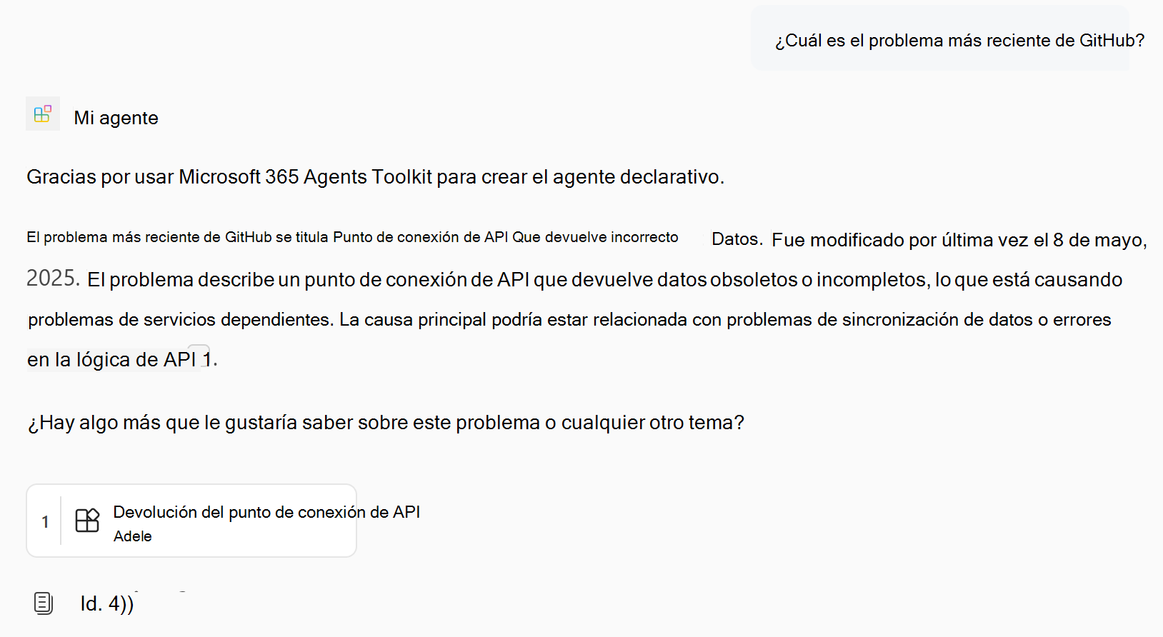 Captura de pantalla que muestra una respuesta del agente declarativo que contiene el contenido del conector de Copilot