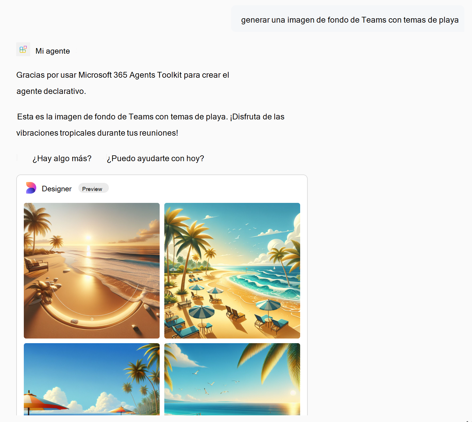 Captura de pantalla que muestra una respuesta del agente declarativo que contiene imágenes gráficas generadas