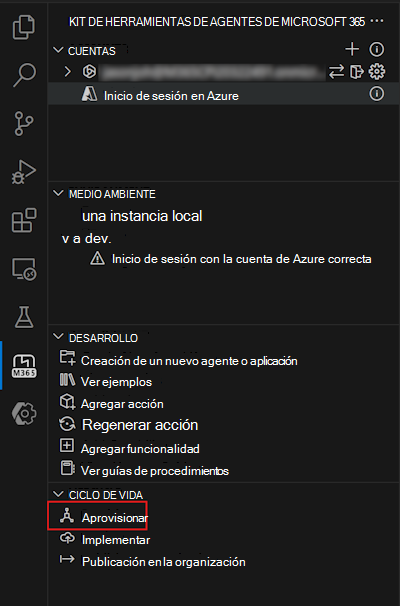 Captura de pantalla de la opción Aprovisionar en el panel Ciclo de vida del kit de herramientas de agentes de Microsoft 365