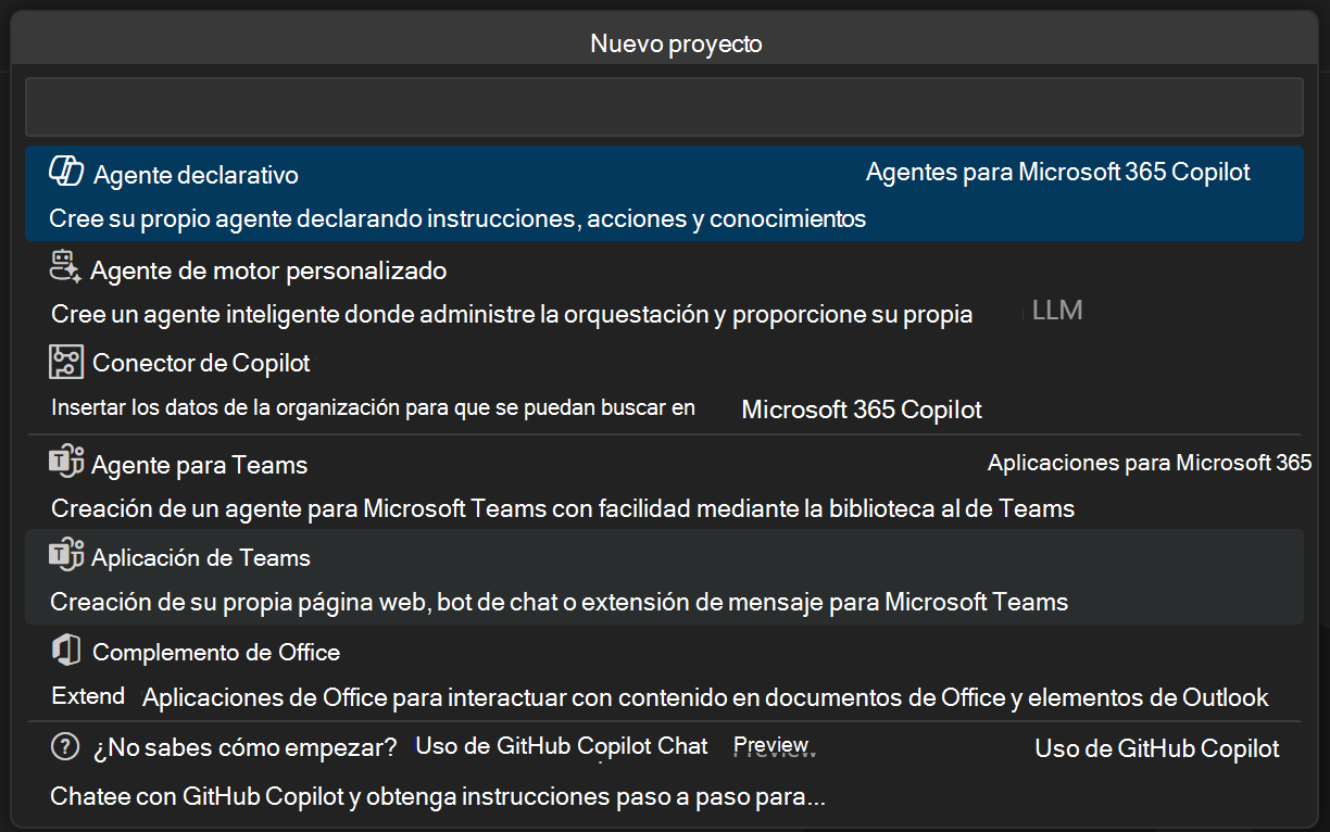 Captura de pantalla de las opciones de Nuevo proyecto con el Agente seleccionado