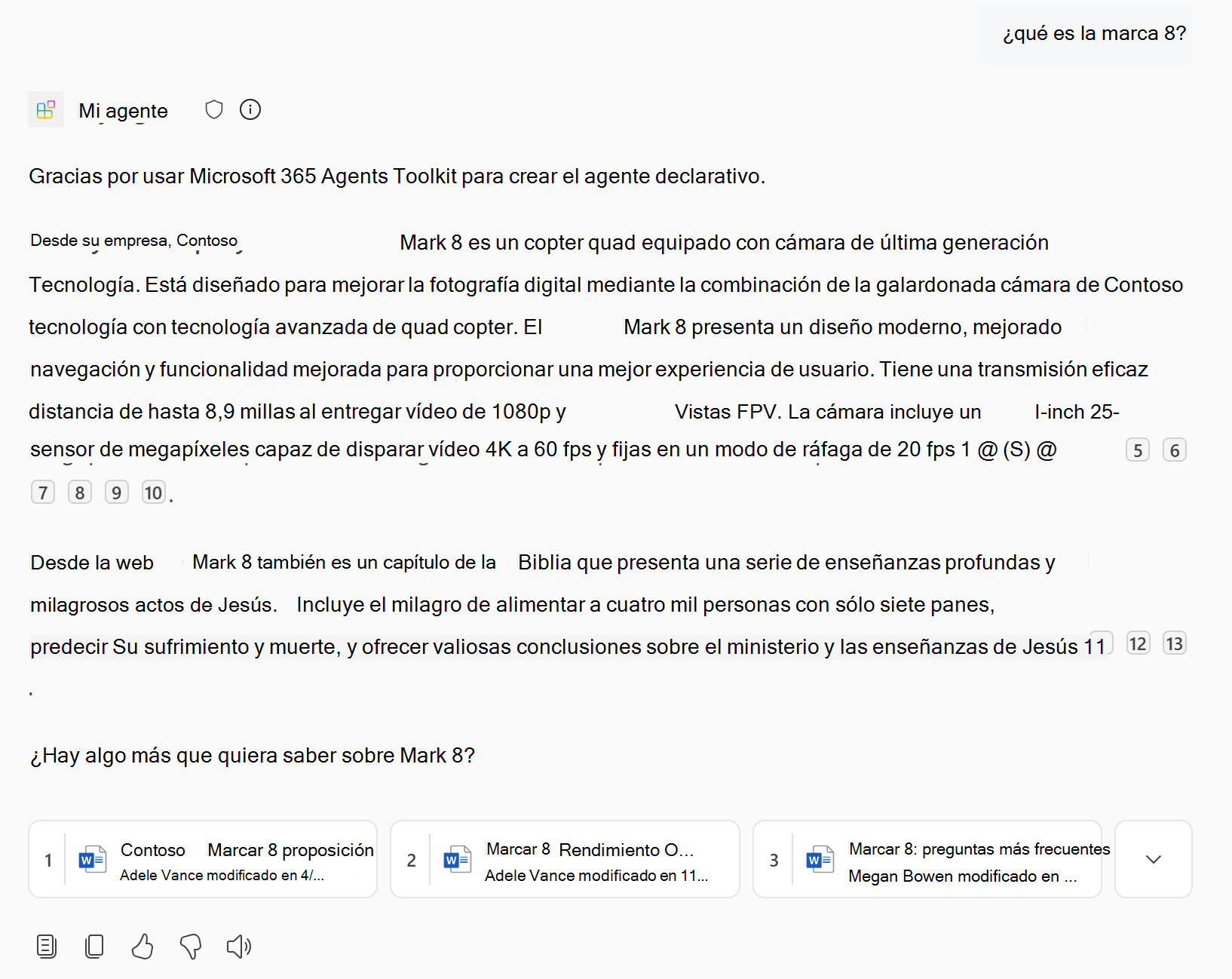 Captura de pantalla que muestra una respuesta del agente declarativo que contiene contenido de SharePoint y OneDrive