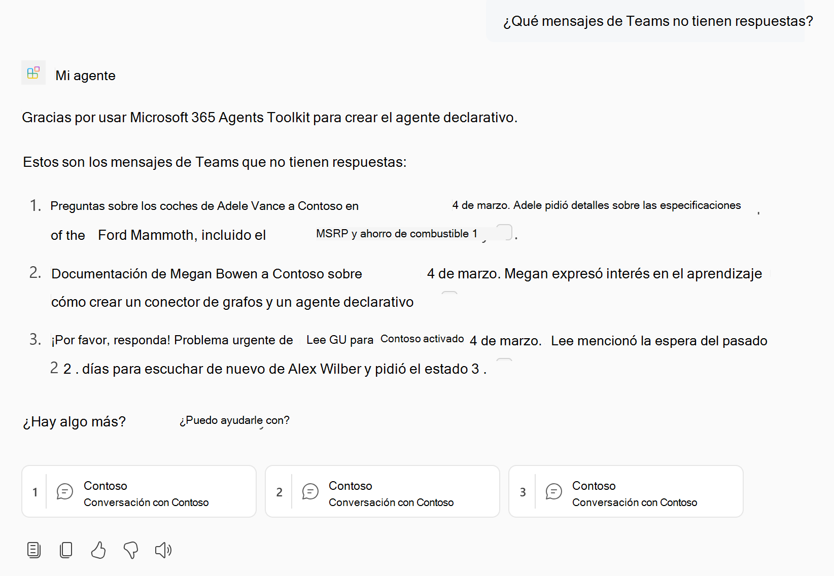 Captura de pantalla que muestra una respuesta del agente declarativo que contiene contenido de Teams