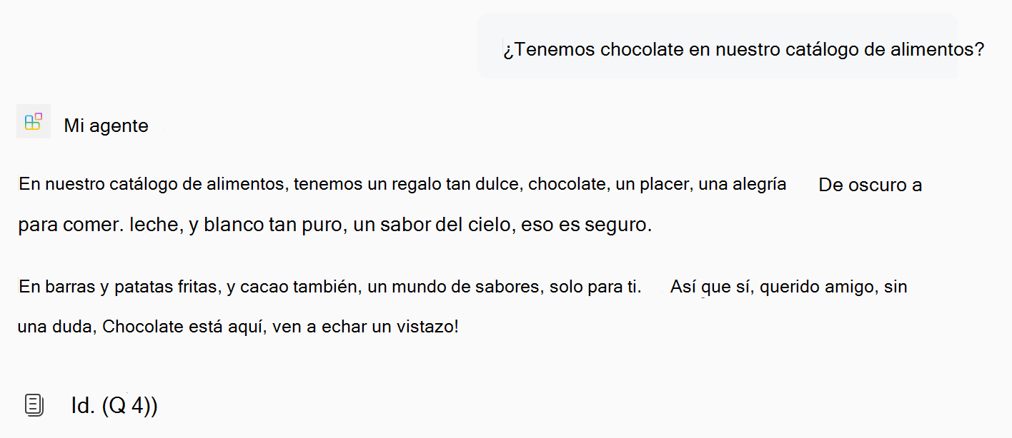 Captura de pantalla de una respuesta de un agente declarativo basada en instrucciones actualizadas