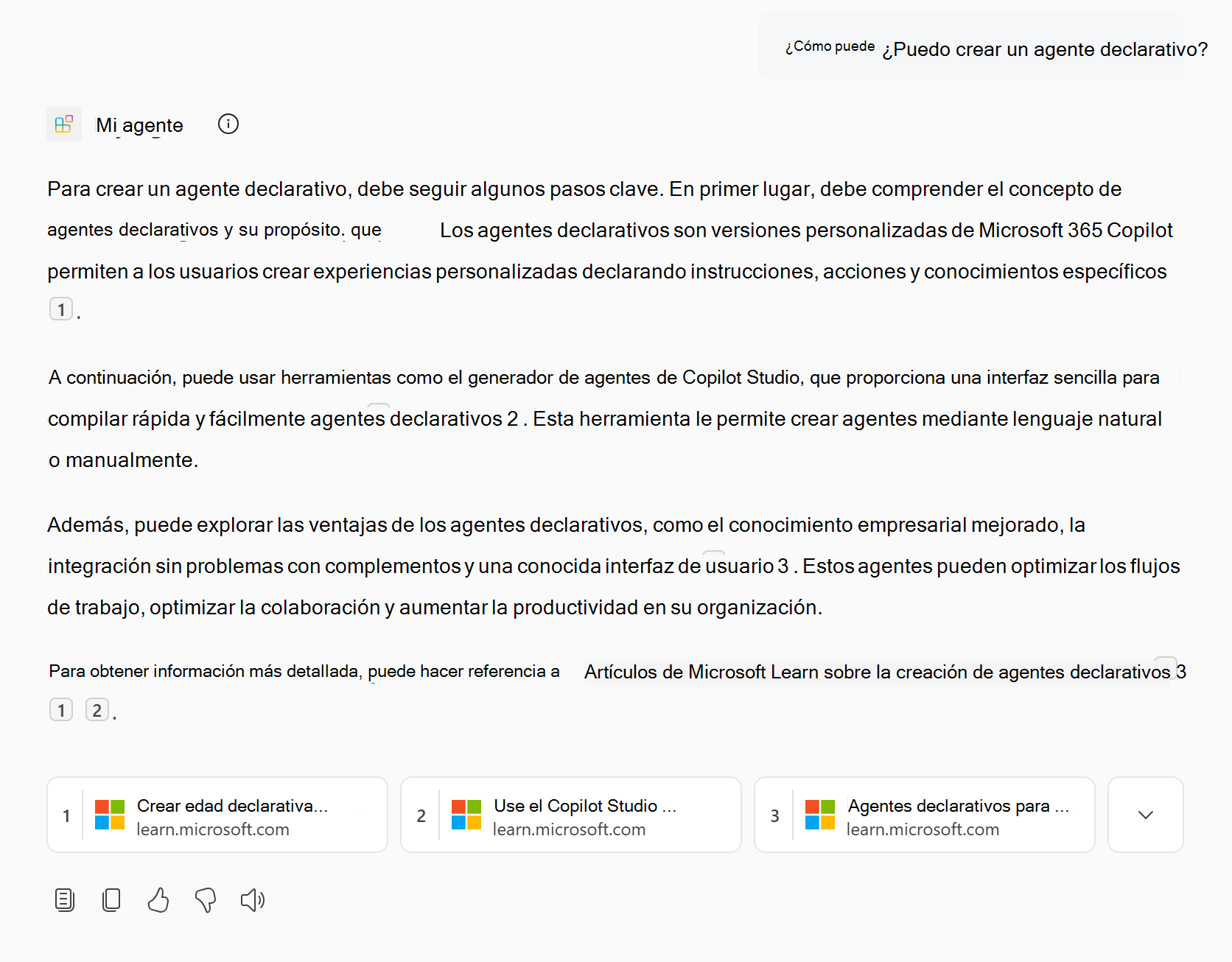 Captura de pantalla que muestra una respuesta del agente declarativo que contiene contenido web
