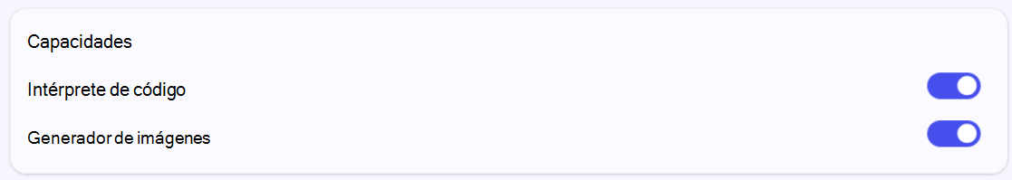 Captura de pantalla de la sección Funcionalidades del Generador de agentes en Microsoft 365 Copilot
