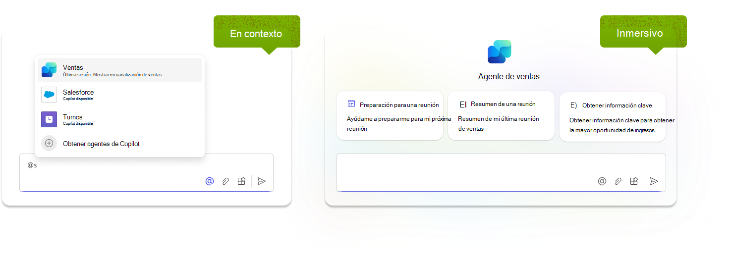 En esta ilustración se muestran dos experiencias de usuario copilot distintas, en contexto y envolventes.