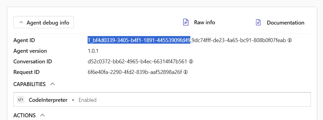 Captura de pantalla de Microsoft 365 Copilot sesión en la que Copilot ha devuelto una tarjeta con información de depuración que muestra el identificador de título