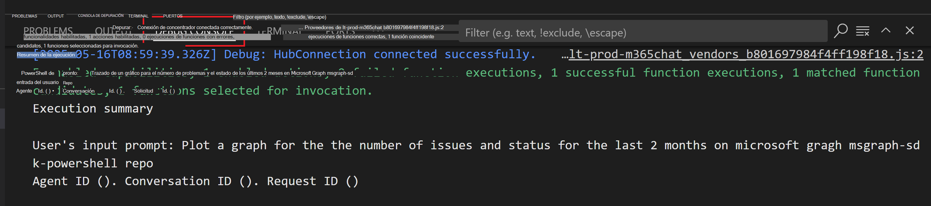 Captura de pantalla de la sesión del kit de herramientas de agentes en la que Copilot ha devuelto una tarjeta con información de depuración que muestra los metadatos del agente