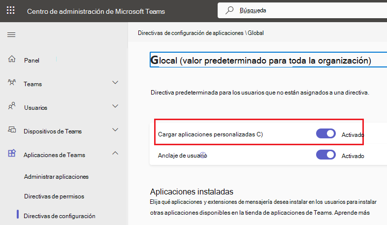 Captura de pantalla de la directiva de configuración de toda la organización con el botón de alternancia 