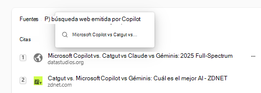 Captura de pantalla de las citas de consulta de búsqueda web en Microsoft 365 Copilot.