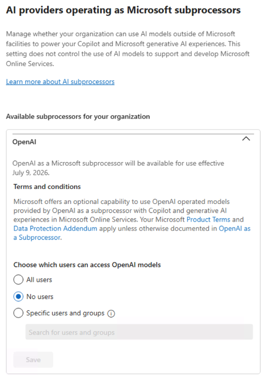 Captura de pantalla de la interfaz de usuario para configurar el uso de modelos OpenAI en el Centro de administración de Microsoft 365