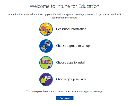 Captura de pantalla de bienvenida a la pantalla de inicio de Intune for Education.