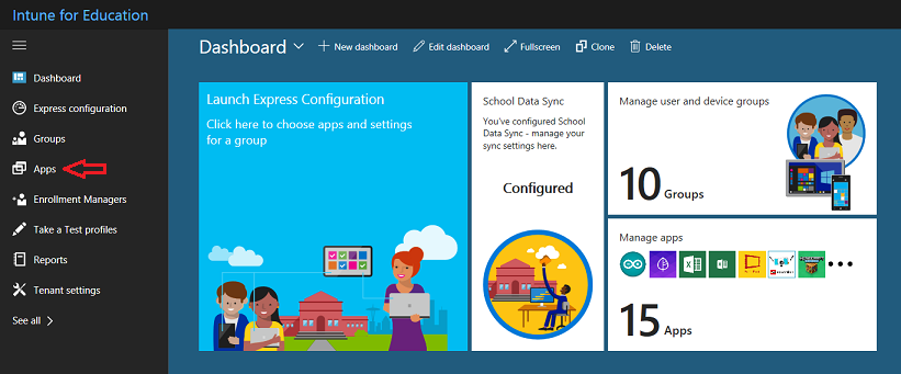 Captura de pantalla del panel de Intune for Education con los botones Aplicaciones resaltados.