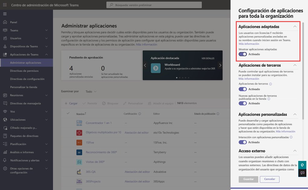 Captura de pantalla de la configuración Mostrar aplicaciones personalizadas en la página Administrar aplicaciones del Centro de administración de Teams