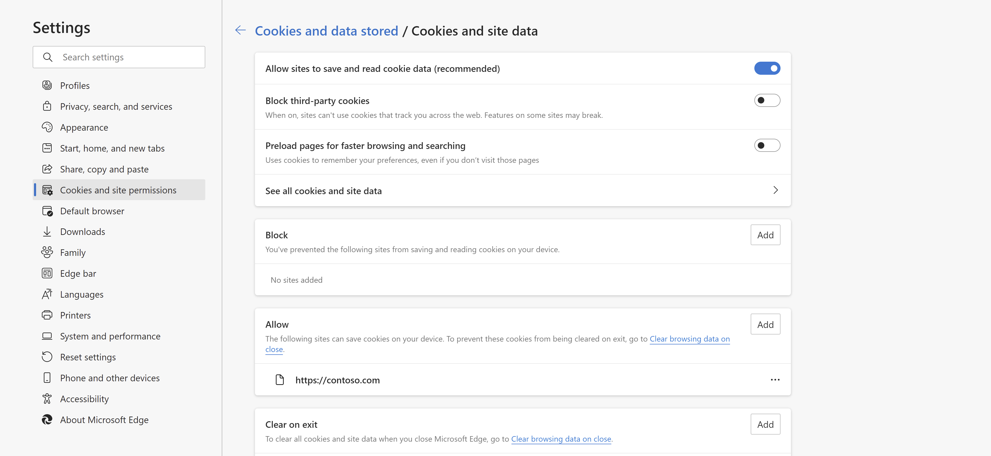Captura de pantalla de la página de configuración de cookies de Microsoft Edge