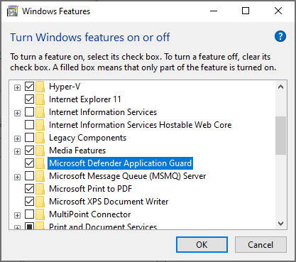 Cuadro de diálogo Características de Windows que muestra el grupo de disponibilidad