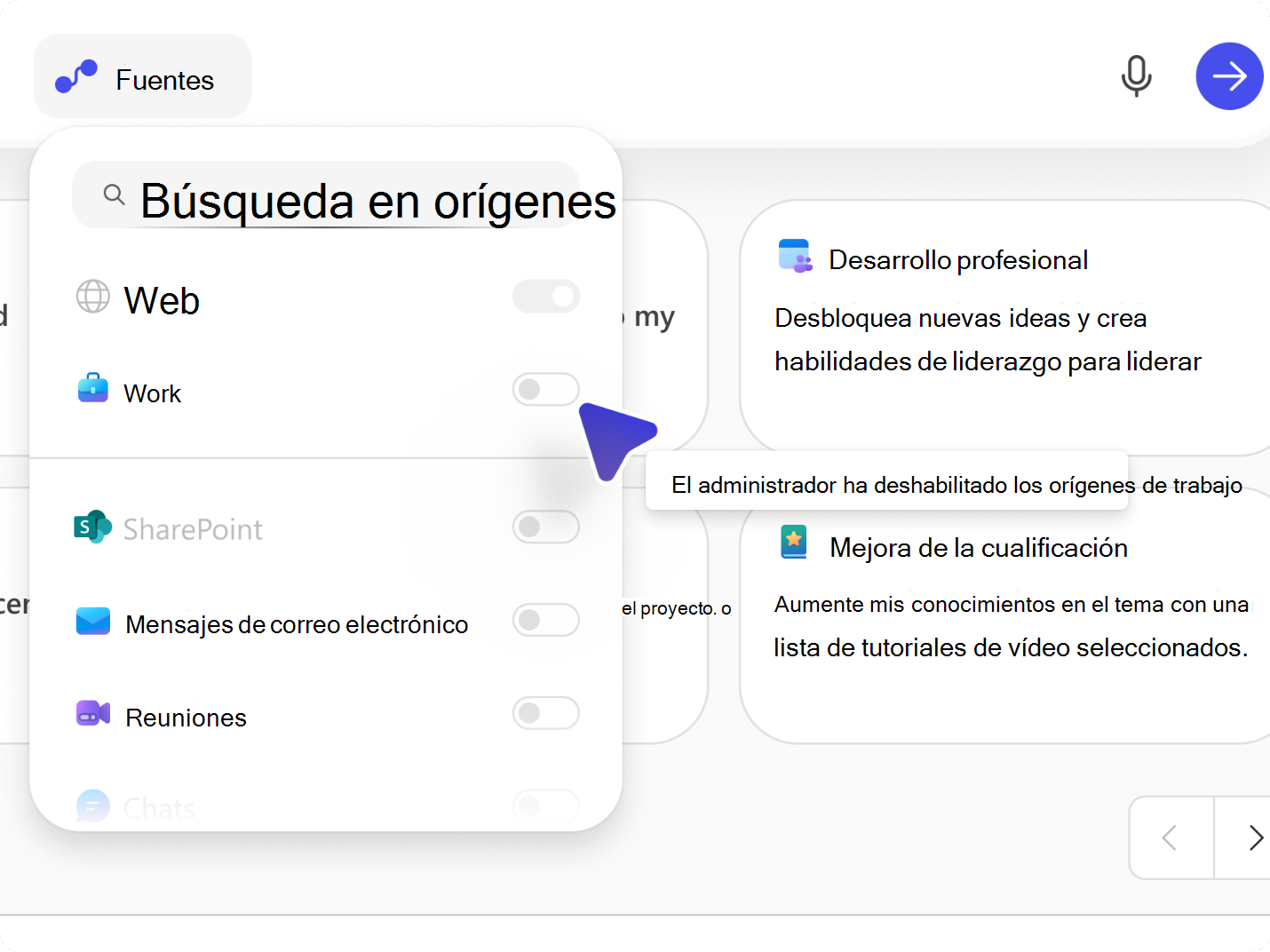Captura de pantalla que muestra la opción Trabajo atenuada.