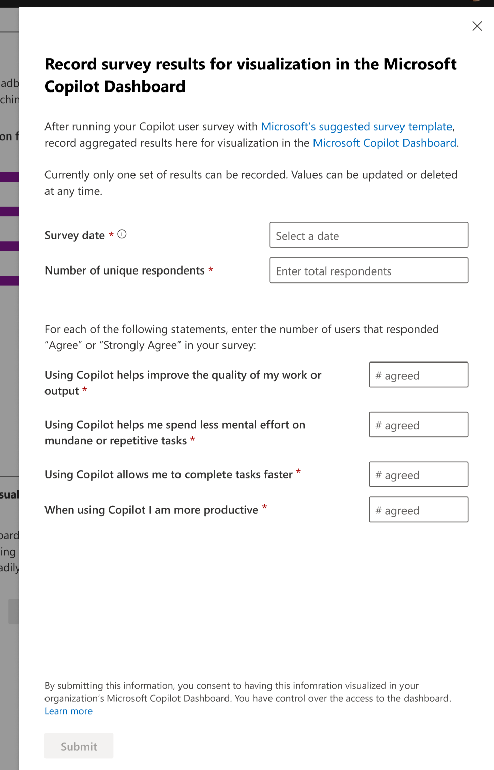 Captura de pantalla que muestra el panel emergente para los resultados de la encuesta para la opinión de Copilot