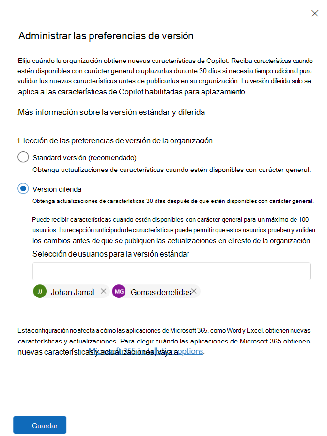 Captura de pantalla de la versión diferida en Centro de administración de Microsoft 365.
