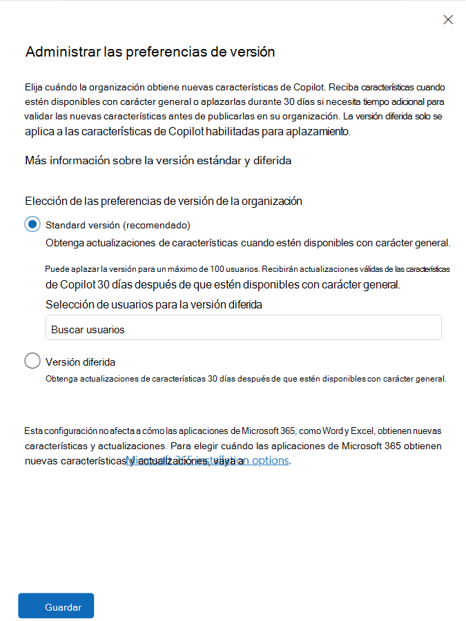 Captura de pantalla de la versión estándar en Centro de administración de Microsoft 365.