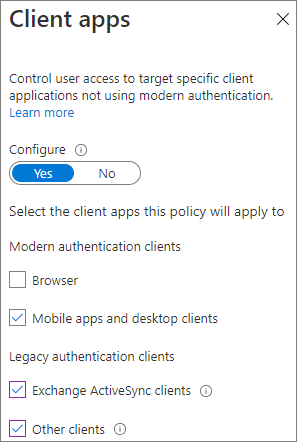 Captura de pantalla de la configuración de acceso condicional para aplicaciones cliente en Azure AD.