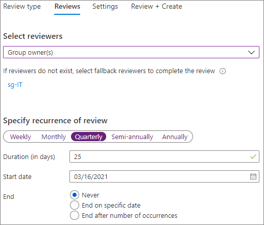 Captura de pantalla de la pestaña de revisión de acceso en Azure AD.