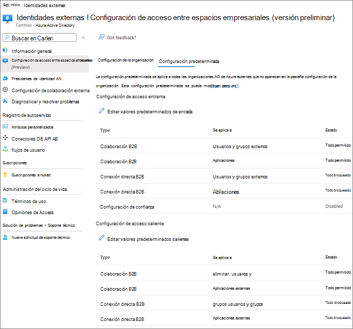 Captura de pantalla de la página configuración de acceso entre inquilinos de Microsoft Entra.