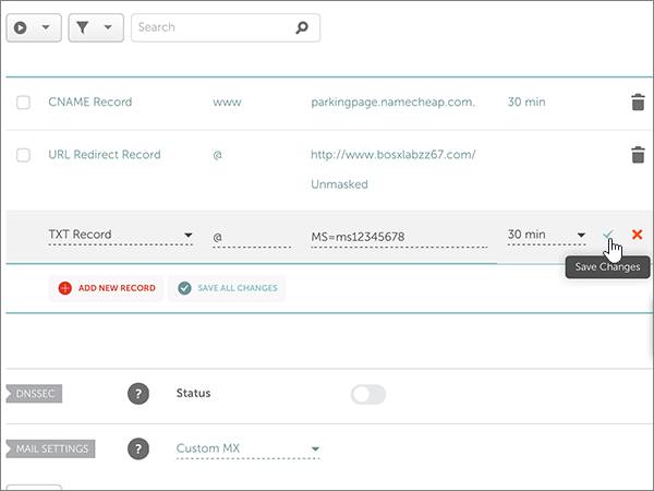 Captura de pantalla del control Guardar cambios del registro TXT de comprobación de dominio.