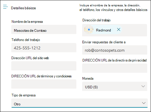 Captura de pantalla: página para escribir la información empresarial básica