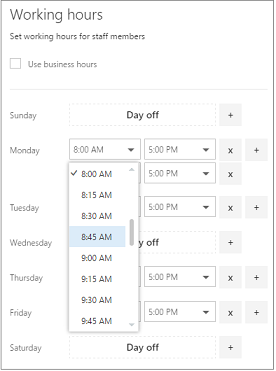Imagen de la pantalla de horas de trabajo del personal de Bookings.