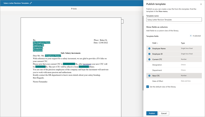 Captura de pantalla del panel Publicar plantilla y el documento de plantilla.