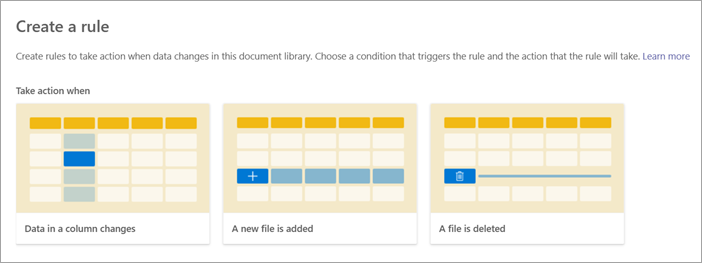 Captura de pantalla de la página Crear una regla en la que se muestra la opción A new file is added (Un nuevo archivo se agrega) resaltada.