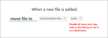Captura de pantalla de la página de instrucción de regla con el mensaje que indica que la biblioteca ya tiene aplicada una regla.