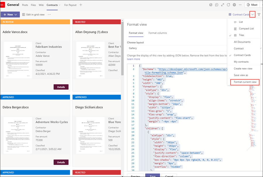 Captura de pantalla del formato json en el canal de Teams.