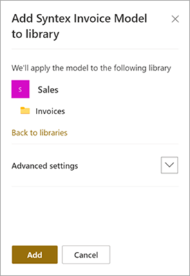 Captura de pantalla del panel Agregar a la biblioteca que muestra el sitio y las bibliotecas aplicadas.