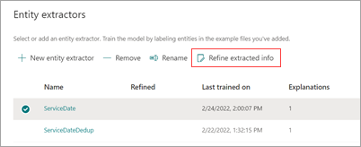 Captura de pantalla de la sección Entity extractors (Extractores de entidades) en la que se muestra la opción Refine extracted info (Refinar información extraída) resaltada.