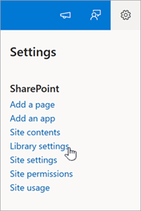Captura de pantalla del menú Configuración de una biblioteca de documentos de SharePoint.