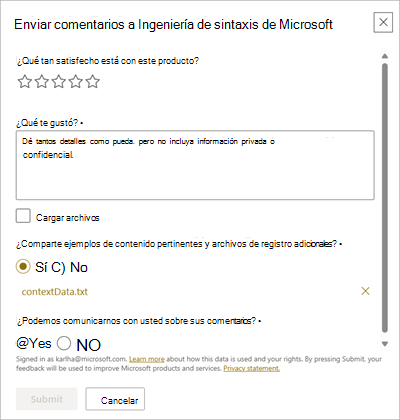 Captura de pantalla de la pantalla Enviar comentarios a Microsoft.